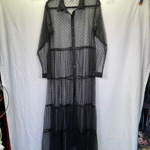 Spoon Jeans Black Polka Dot Mesh Sheer Long Sleeve Button Up Maxi Dress Size 1X